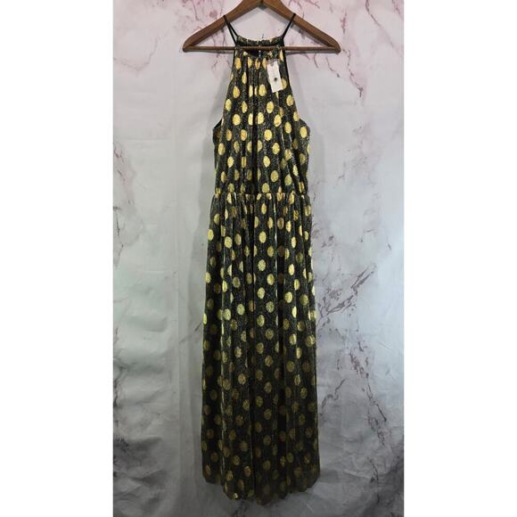 Sunday Brooklyn Dress Womens Medium Gold Polka Dot Midi Spaghetti Shimmer - Picture 1 of 12